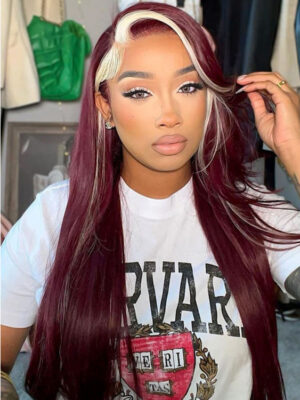 Alternative view of Burgundy With Blonde Highlights Lace Front Wig Skunk Stripe Hair Wigs